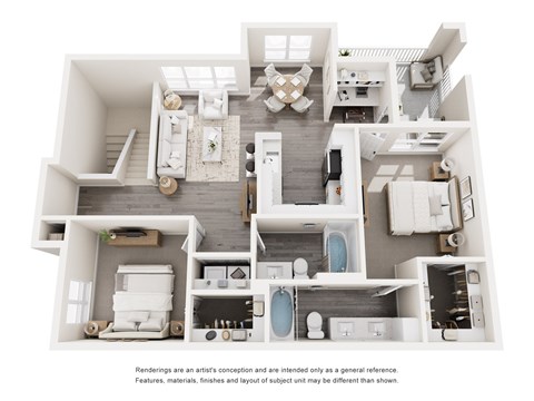 A 3D floor plan of a house with multiple rooms and furniture.